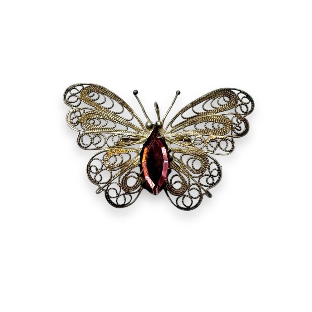 Butterfly Filigree Sterling Silver Brooch Purple Crystal Signed BAC - Picture 1 of 6
